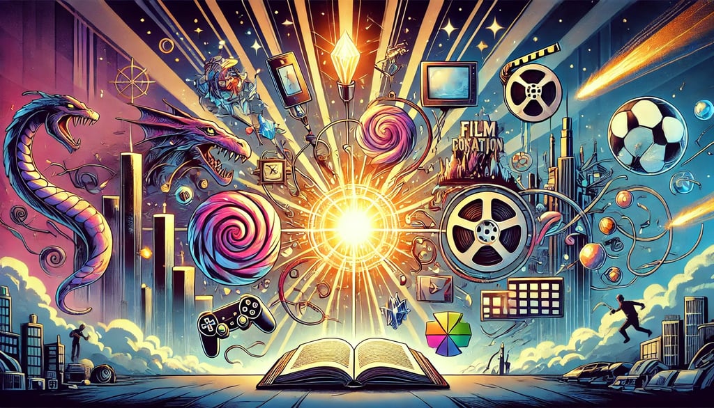 interseção entre jogos narrativos e outras mídias, destacando temas compartilhados como fantasia