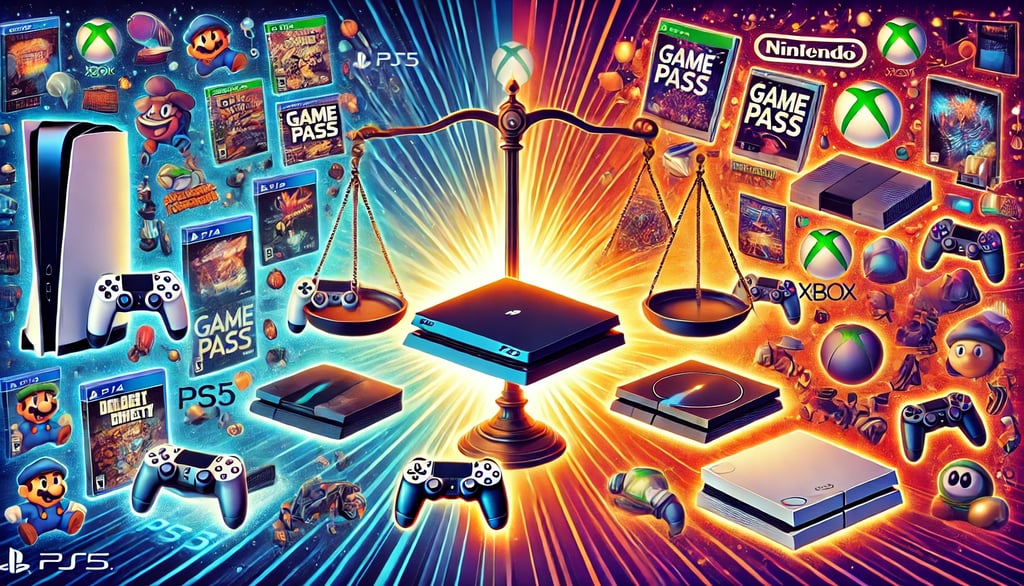 Comparação visual entre PS5, Xbox e Nintendo destacando retrocompatibilidade, Game Pass e relançamen