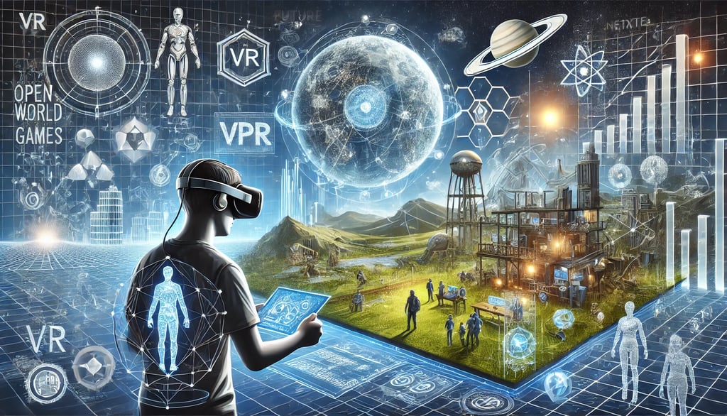 tendências futuras dos jogos de mundo aberto, com VR, AR e ambientes futuristas.