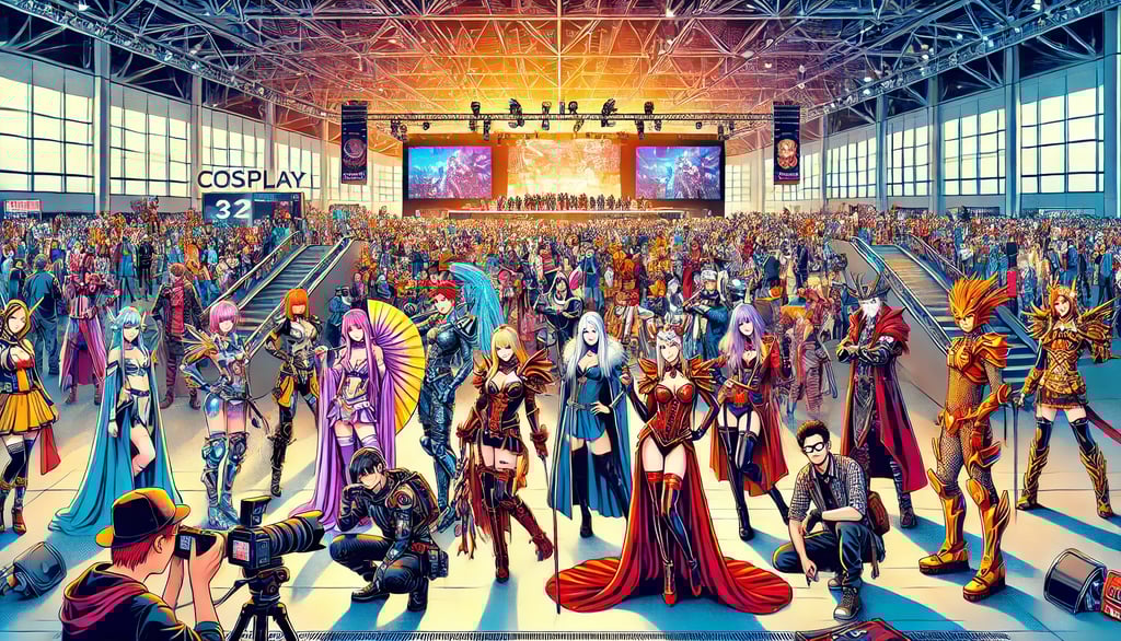 grande evento de cosplay, com cosplayers diversos interagindo e representando diferentes estilos