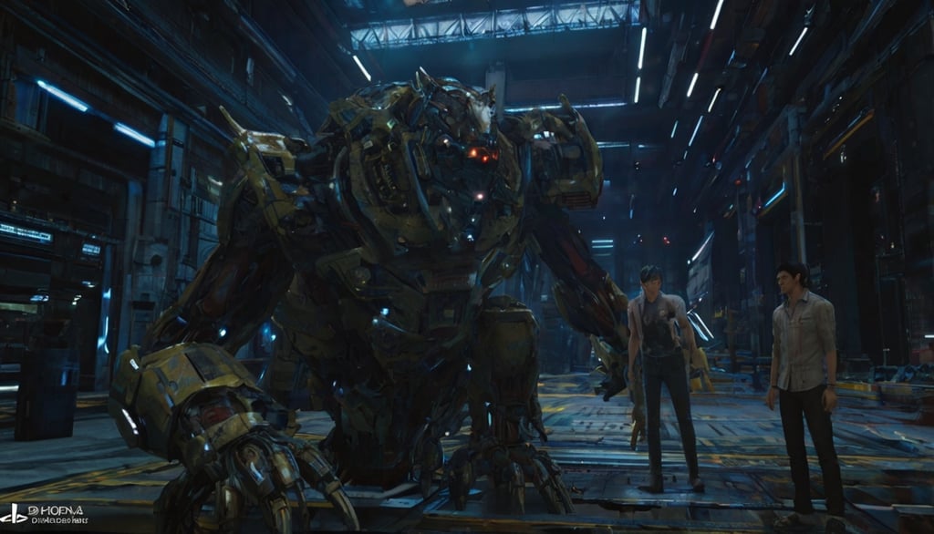 a man standing in front of a giant robot