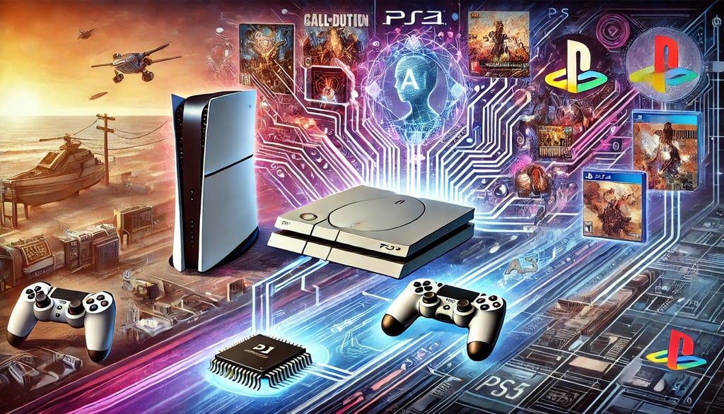 PS5 futurista com hologramas de jogos de PS1 a PS4, simbolizando inovação e preservação do legado.