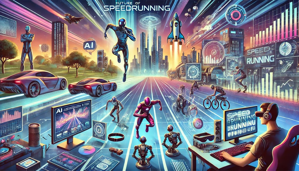Representação do futuro dos speedruns com realidade virtual, hologramas e robôs em um cenário tecnol