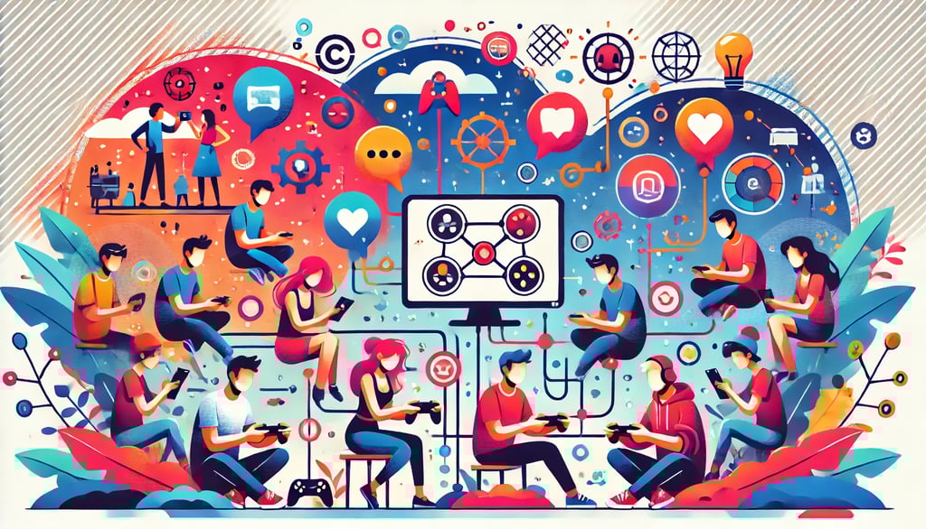 Representação de avatares interagindo em um ambiente digital com elementos de cooperação e conversa.
