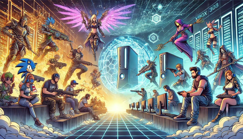 com jogadores online em MMORPGs e MOBAs, destacando a conectividade e consoles como o Xbox 360.