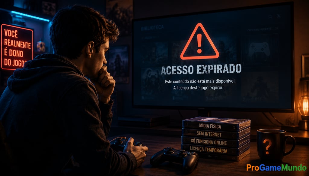 Jogador preocupado vê aviso de acesso expirado em biblioteca digital.
