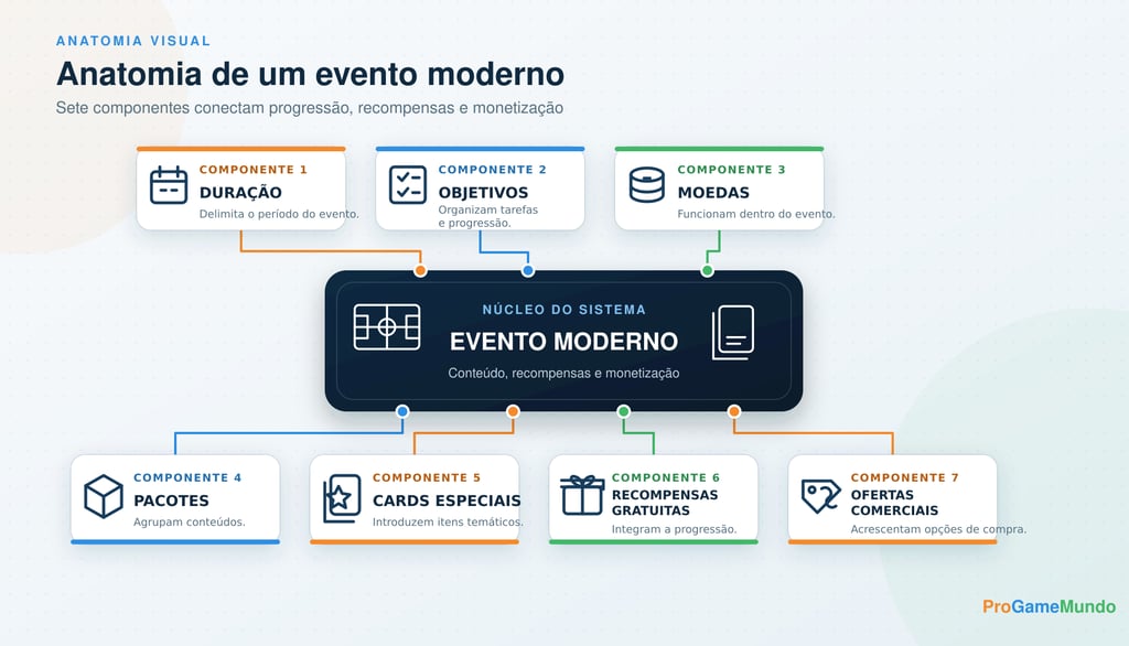 Anatomia de evento com duração, objetivos, moedas, pacotes, cards, recompensas e ofertas.