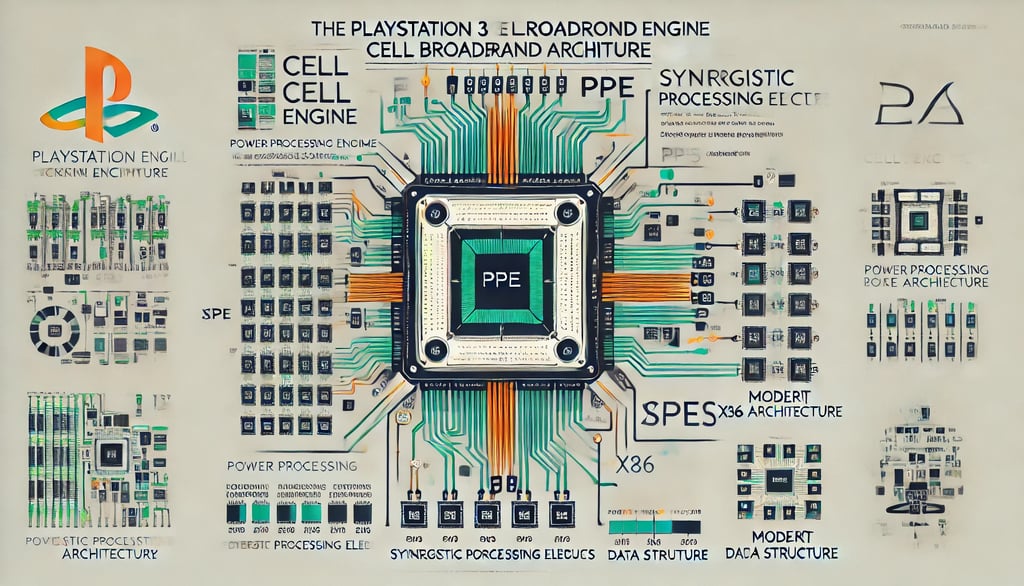 Diagrama da arquitetura do processador Cell Broadband Engine do PS3, comparado ao x86 moderno.