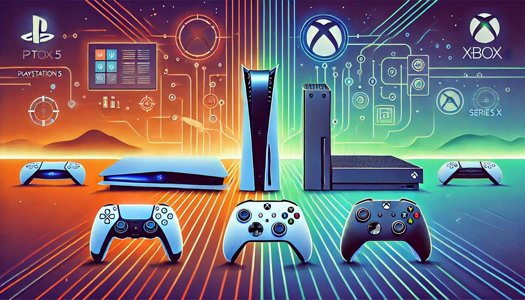 PS5 e Xbox Series X lado a lado, com controle DualSense iluminado e um fundo com linhas interconecta