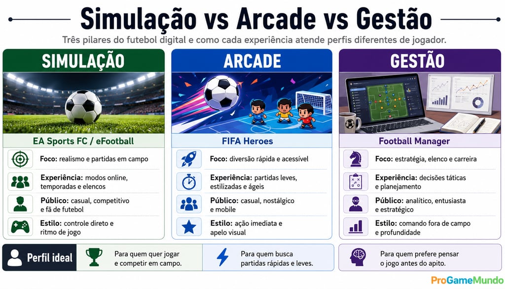 Comparação entre simulação, arcade e gestão nos games de futebol