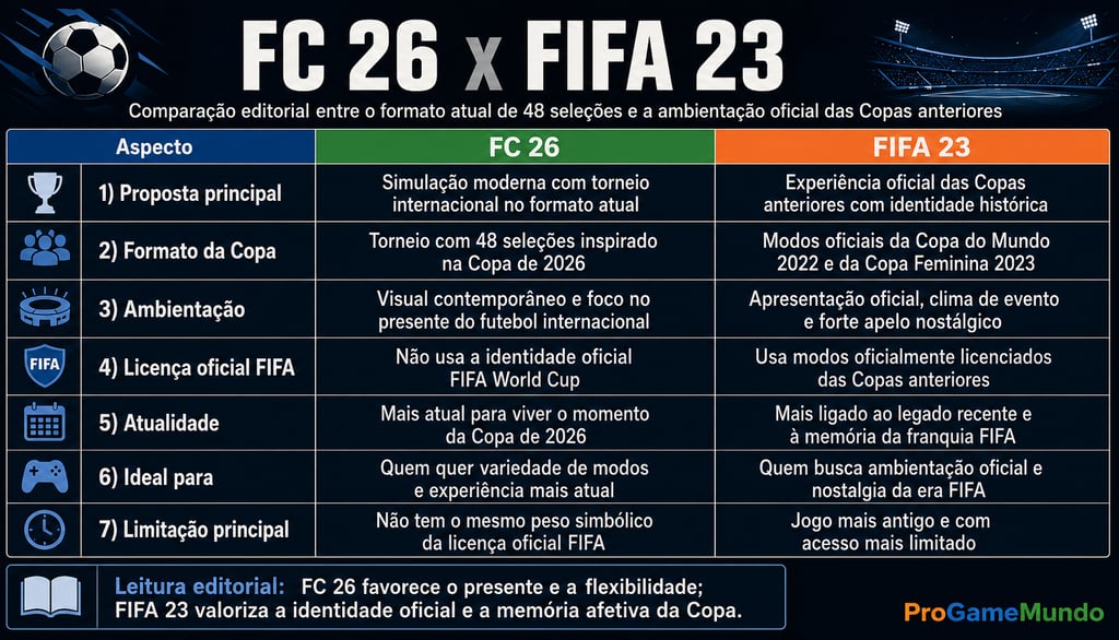 Tabela compara FC 26 e FIFA 23 em formato, licença, ambientação e público.