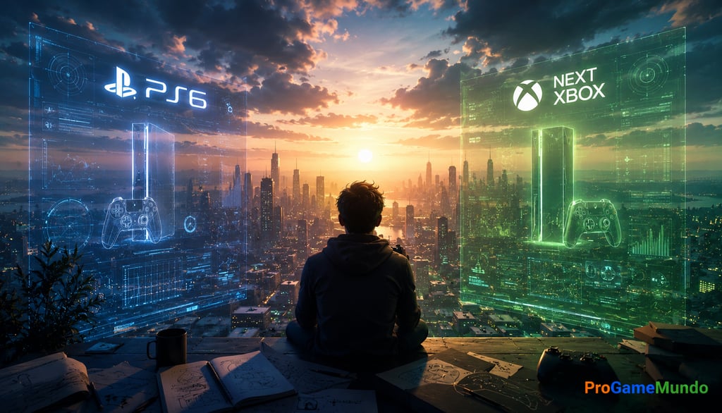 Jogador observa conceitos futuristas de PS6 e novo Xbox.