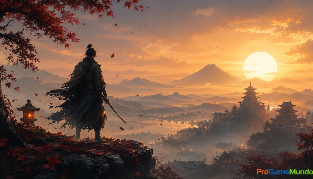 Guerreiro observa vale e castelo ao amanhecer
