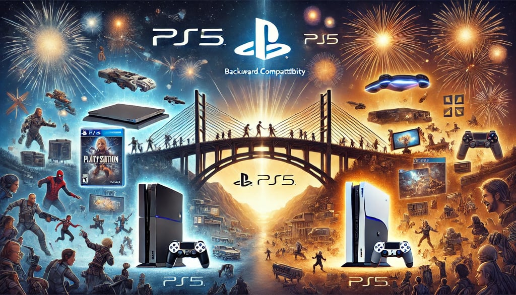 Ponte conectando PS3 e PS5 com elementos de jogos icônicos, simbolizando nostalgia e inovação.