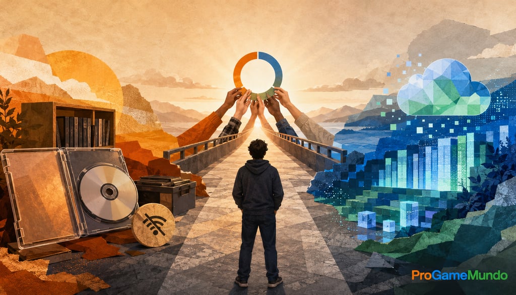 Jogador entre mídias física e digital convergindo em um caminho comum.