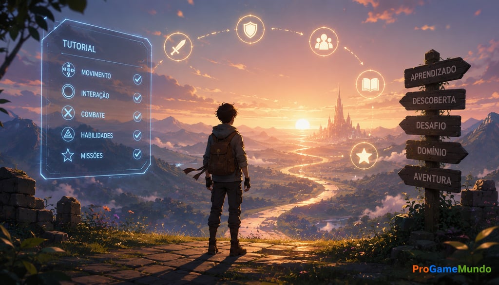 Jogador observa tutorial concluído diante de mundo aberto em game.