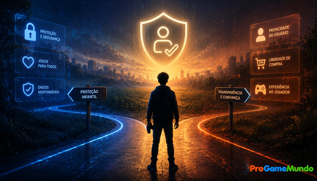 Jogador diante de caminhos digitais sobre proteção, privacidade e segurança