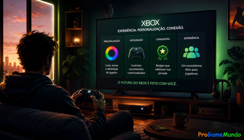 Jogador usando Xbox em sala com interface de personalização na TV.