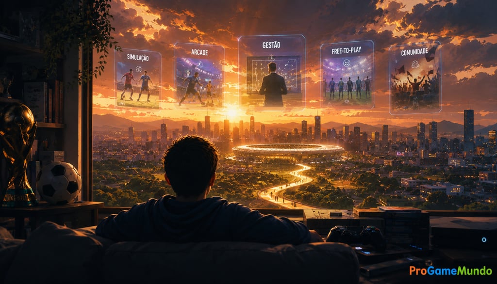 Jogador observa cidade e painéis sobre o futuro dos games de futebol