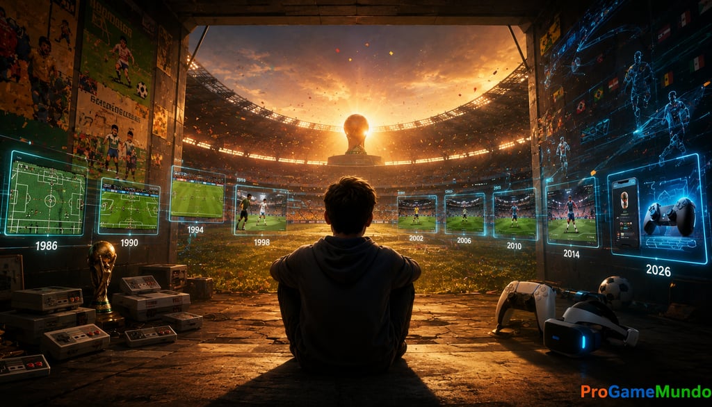 Jogador observa a evolução dos games da Copa diante de um estádio iluminado.
