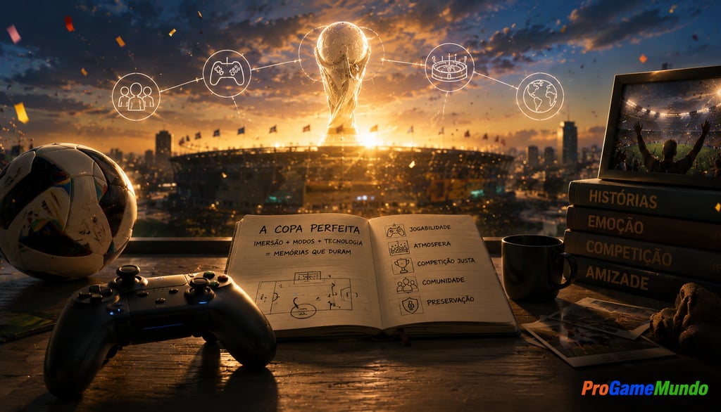 Controle, bola e caderno diante de estádio com troféu digital ao pôr do sol