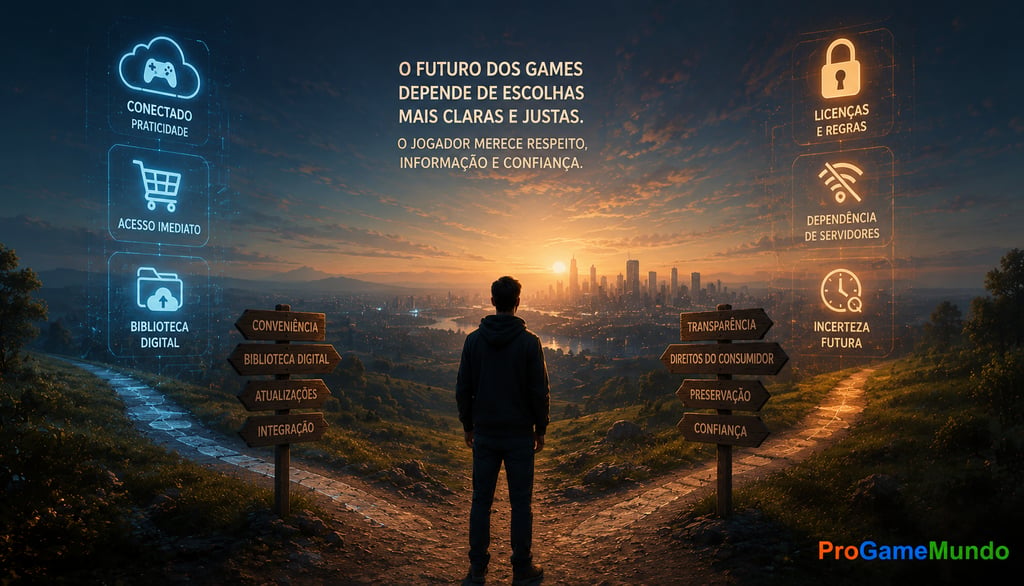 Jogador observa biblioteca digital com licença, cadeado e horizonte futurista.