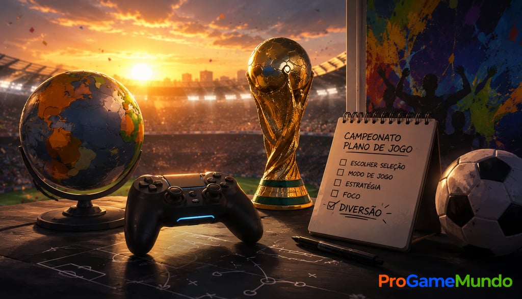 Controle, troféu, globo e plano de jogo diante de estádio ao pôr do sol