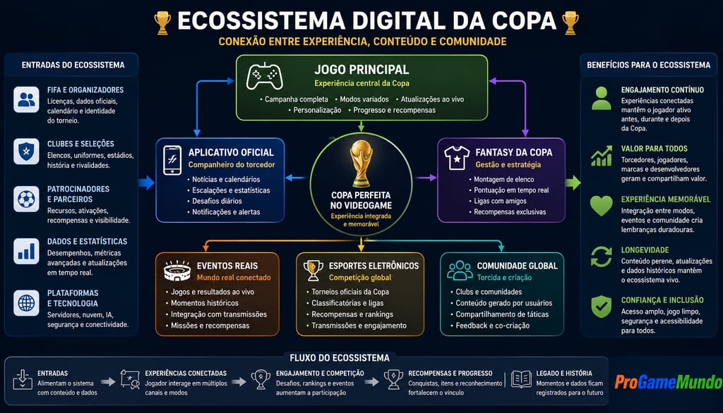 Diagrama do ecossistema digital da Copa com jogo, app, fantasy e comunidade