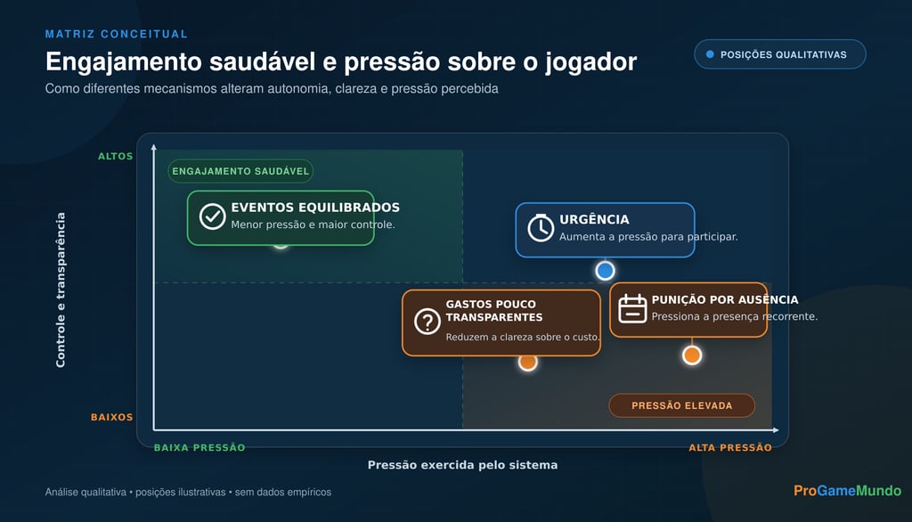 Matriz compara eventos equilibrados com urgência, punição e gastos pouco claros.