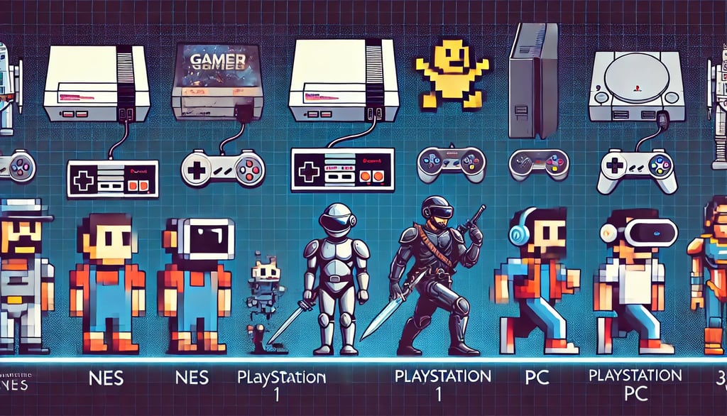 linha do tempo conectando consoles clássicos e modernos e personagens representativos