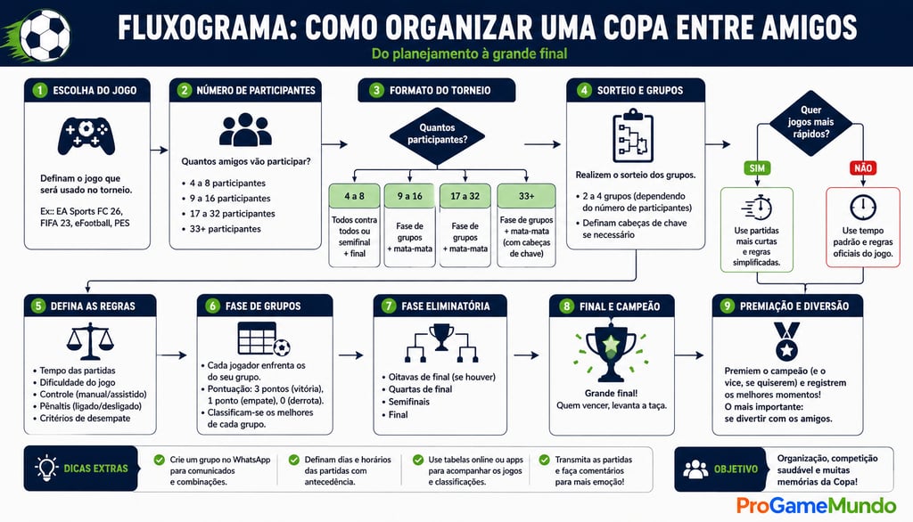 Fluxograma mostra etapas para organizar uma Copa entre amigos no videogame.