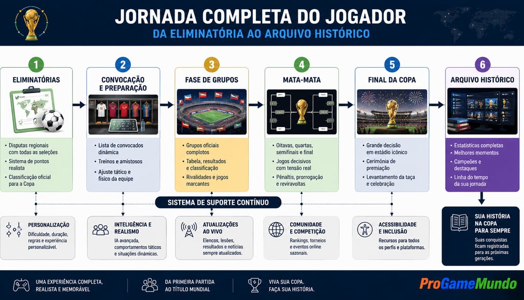 Fluxograma da jornada do jogador das eliminatórias ao arquivo histórico