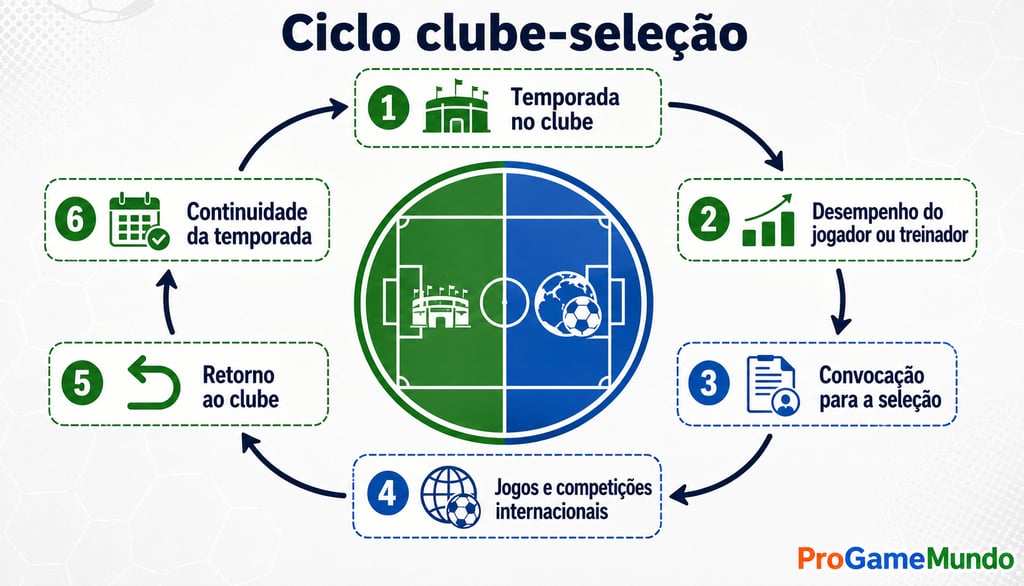 Ciclo clube-seleção com temporada, convocação, jogos internacionais e retorno.