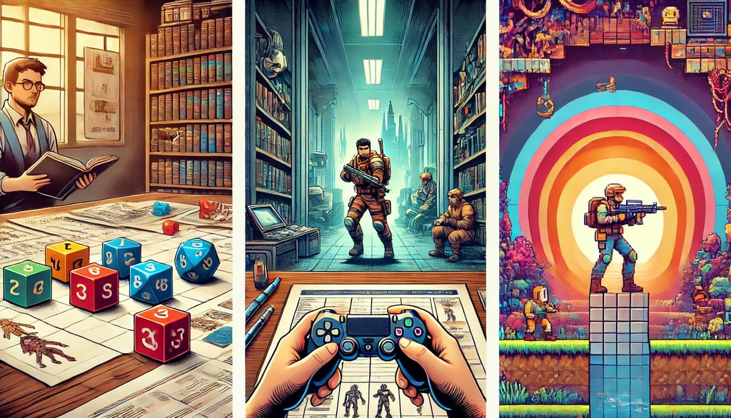 três painéis com cenas representando RPG, FPS e plataformas em diferentes estilos visuais.
