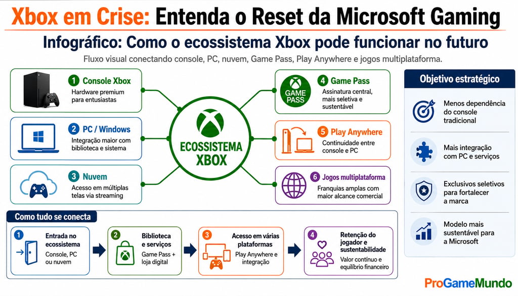 Infográfico classifica estratégias futuras dos jogos Xbox.