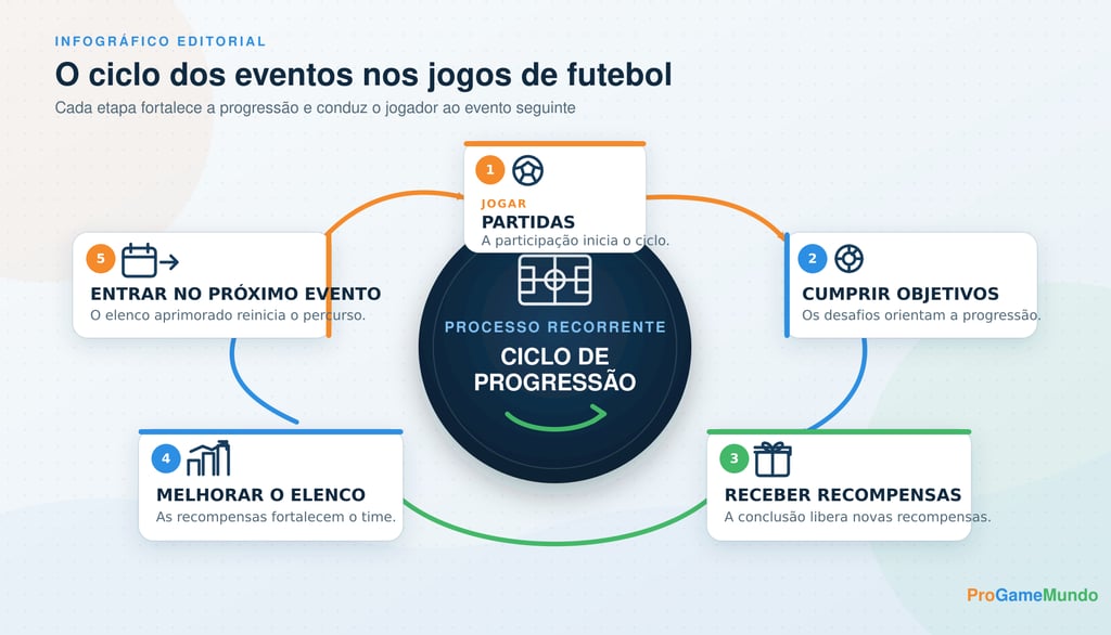 Ciclo de partidas, objetivos, recompensas, melhoria do elenco e novos eventos.