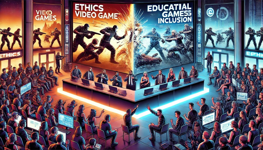 debate sobre a ética nos videogames, com cenas contrastantes de jogos violentos e educativos.