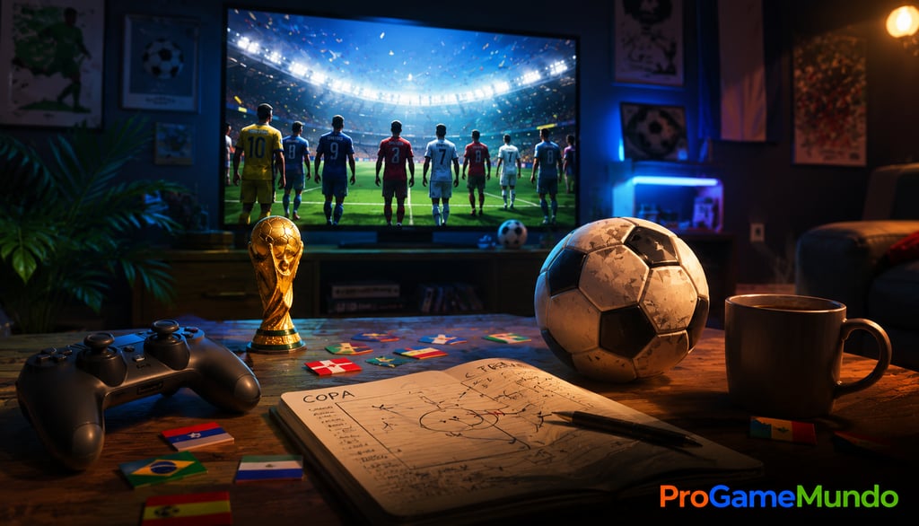 Controle, bola e caderno diante de jogo de futebol exibido na TV