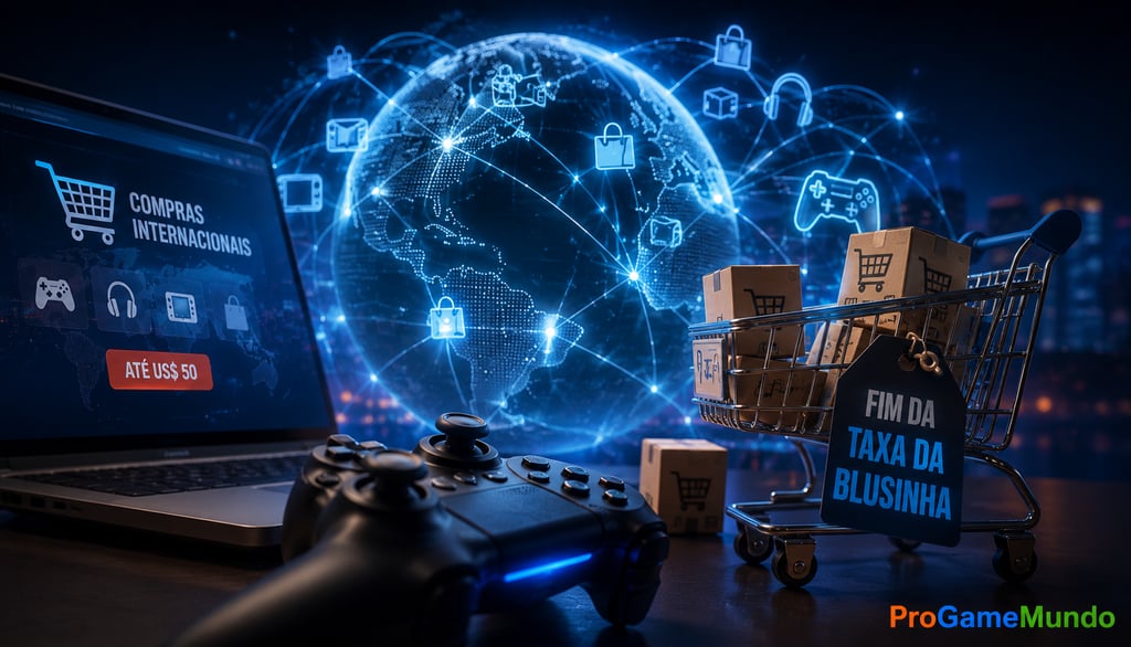 Carrinho com pacotes, controle gamer e globo digital sobre compras internacionais.