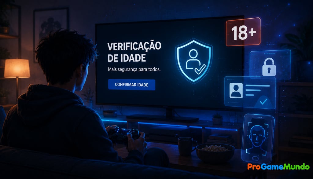 Jogador diante de tela com verificação de idade e ícones de segurança