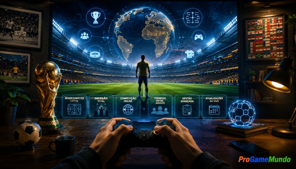 Jogador diante de estádio virtual com troféu, controle e interface da Copa