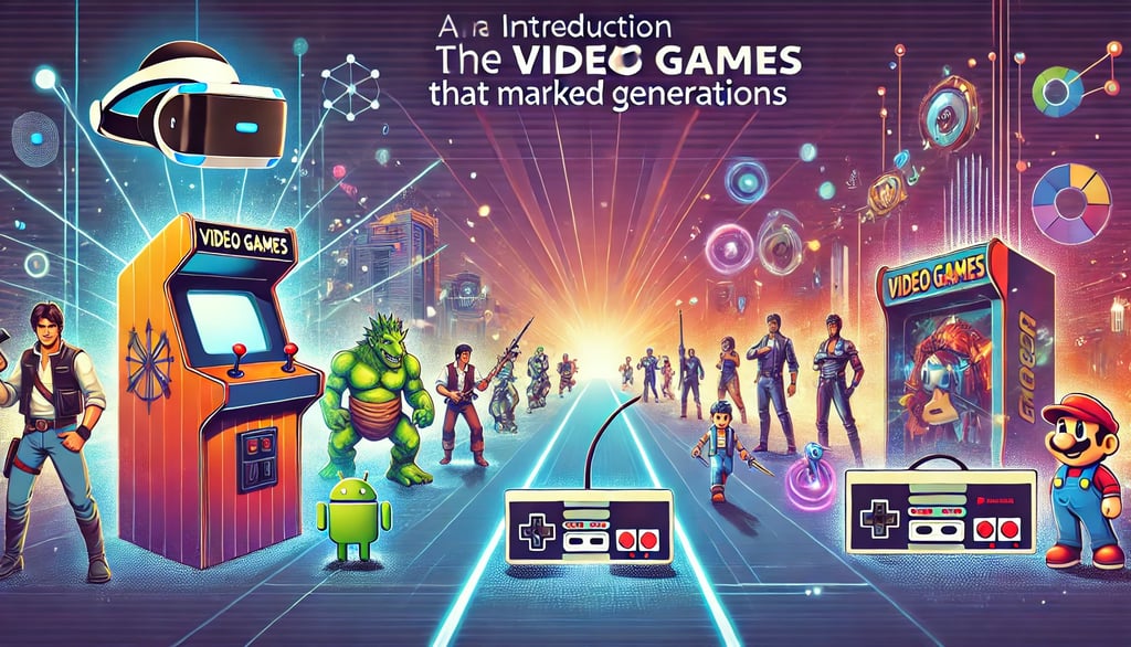 Ilustração com uma linha do tempo de elementos icônicos como arcade retrô, headset VR e personagens 
