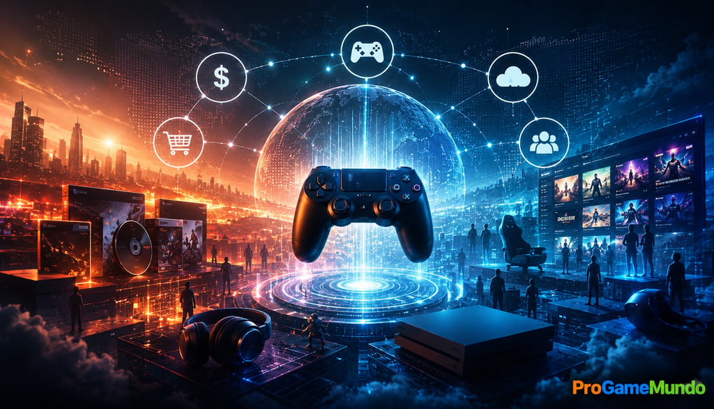 Imagem conceitual sobre console, jogos digitais e serviços conectados na indústria gamer.