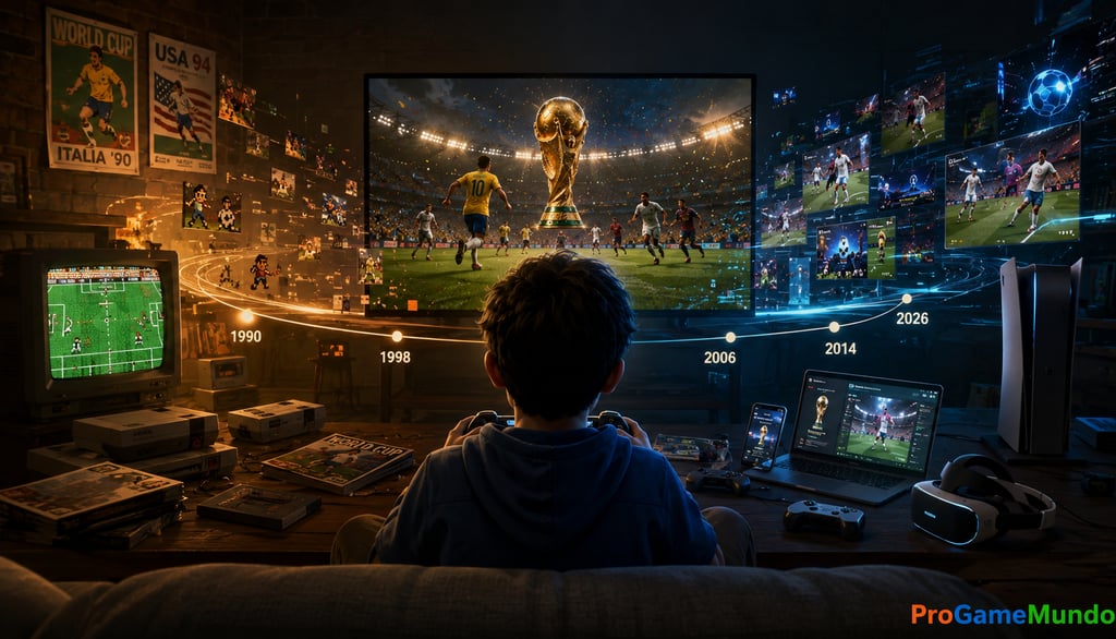 Jogador acompanha a evolução dos games de futebol da Copa em várias telas.