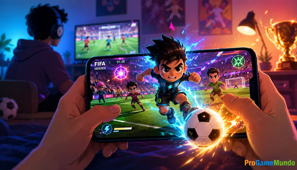Jogador disputa partida de futebol arcade em um celular com efeitos de energia.