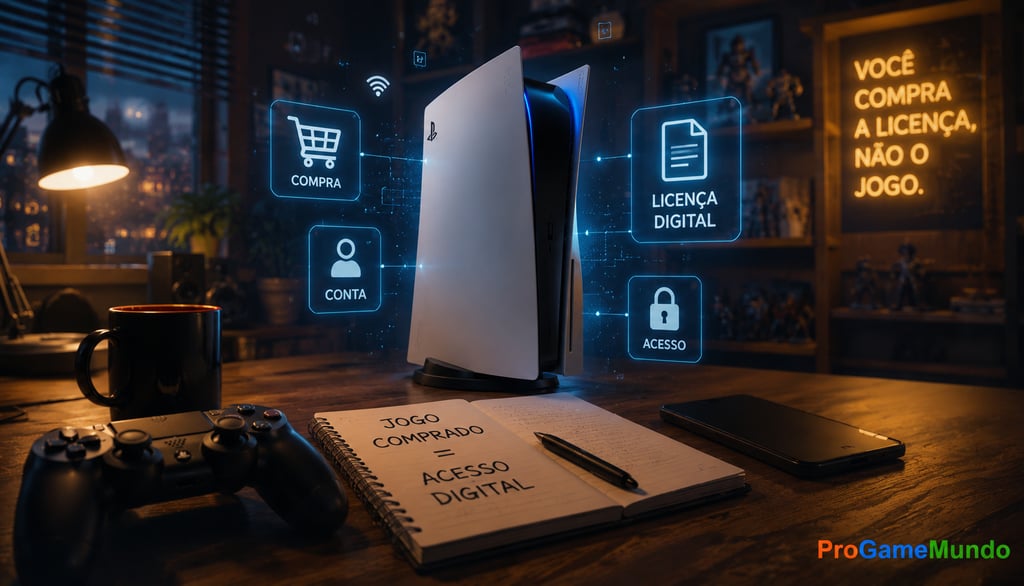 Console moderno com ícones de compra, conta, licença digital e acesso.