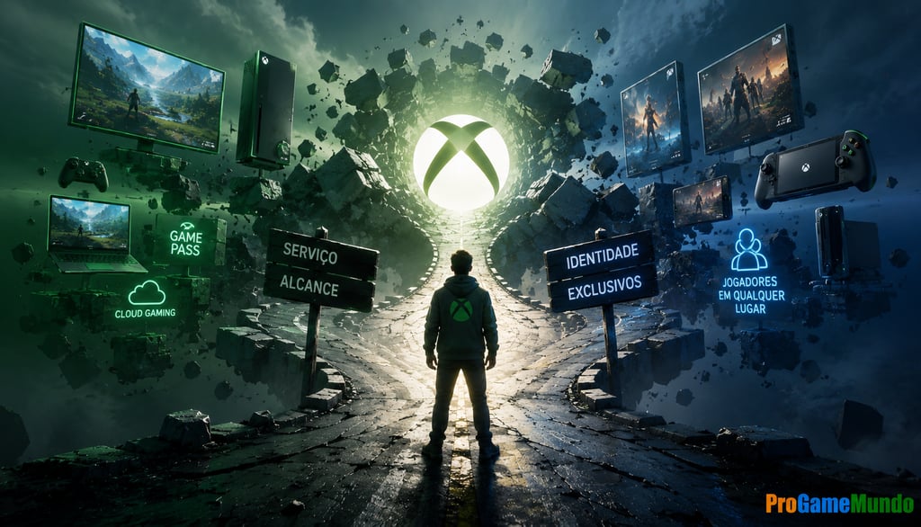 Jogador diante de caminhos digitais ligados ao ecossistema Xbox.