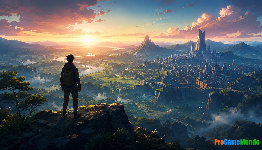 Aventureiro observa cidade futurista em vale ao pôr do sol.