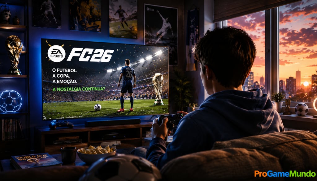 Jogador no sofá com controle diante de jogo de futebol e clima de Copa
