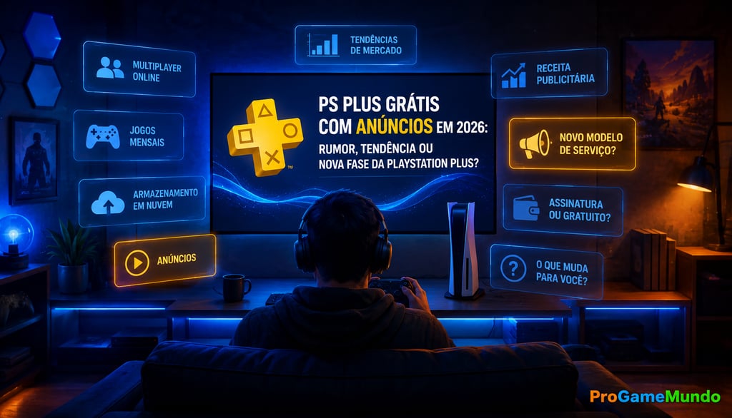 Interface futurista sobre PS Plus, anúncios e serviços digitais.